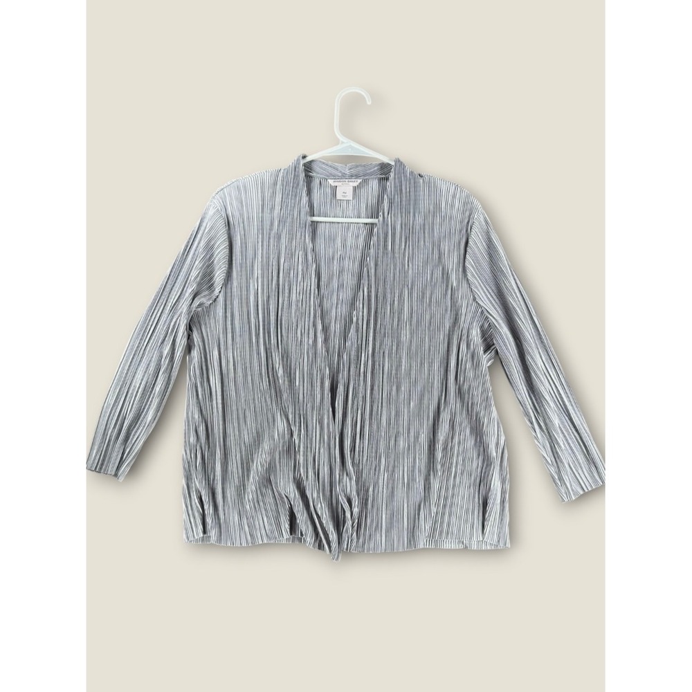 Allison Daley Petites Silver Metallic Pleated Open Front Cardigan PM Grey